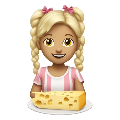 Blonde child with pigtails with bows eating cheese sticker