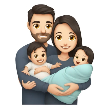Happy white parents with dark hair with 1 newborn baby. Young parents and newborn son in hands. Mother, father holding infant together with love. Parenthood concept. Flat illustration isolated on white background. sticker