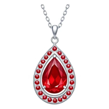 enchanted ruby talisman, teardrop shape, glowing with life force, encircled by white stones on a floating silver chain sticker