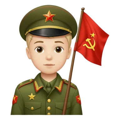 military boy in Soviet green uniform holding a red flag with "9 мая" sticker