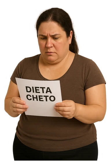 donna realistica leggermente in sovrappeso che legge un foglio con la scritta "dieta Cheto", sfondo bianco, iperrealistica 4k, IPERREALISTICA 4K sticker
