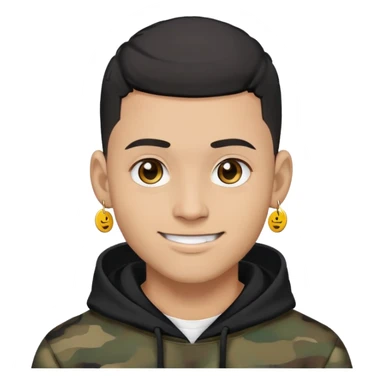 man with black military haircut, brown eyes, wearing 2 circle earrings and a black hoodie with a smiley face sticker