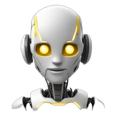 Un robot humanoide con pelo blanco y luzes en su cabeza,ojos de pantalla y de color amarillo sticker