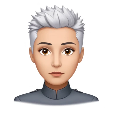 Marian Pabón with elegant facial features, light rosy complexion, expressive made-up eyes, medium well-defined lips, sophisticated pronounced cheekbones, short spiky silver hair styled like a men's cut sticker