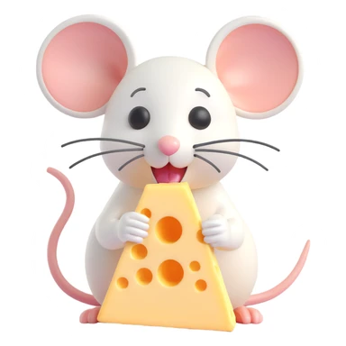 bright mouse eating cheese, 3D emoji style, simple background sticker