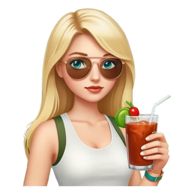 girl with long blond hair
with blue eyes
and aviator sunglasses
wearing white tank top 
holding bloody mary
wearing (rose gold apple watch with forest green band) sticker