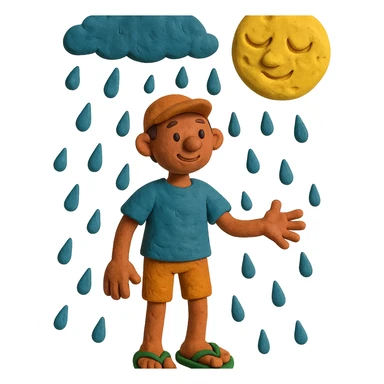 claymation style boneco de chinelos, chuva e lua em massinha sticker