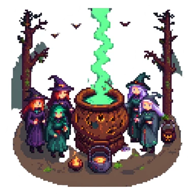 pixel art of a cursed coven, witches gathered around a glowing cauldron, eerie atmosphere sticker