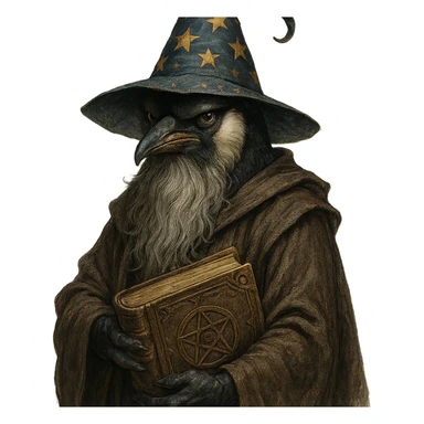 a serious penguin wizard with a long beard, starry hat, and ancient book, detailed fantasy style sticker