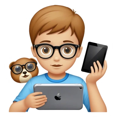 Fai un bambino biondino pallido occhi nocciola  con gli occhiali neri quadrati che gioco con il tablet sticker