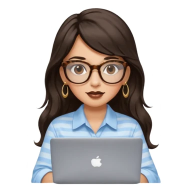 A woman with long wavy dark brown hair and a whispy bang, wearing thick tortoise SQUARE glasses, gold drop earrings. She has long lashes and a nude browny glossy lipstick. She's wearing an oversize light blue shirt with white vertical strips. She's working on a laptop sticker