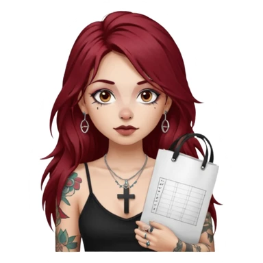 generate an ios genmoji of a fair girl with long dark red messy hair with eyeliner on her eyes.  septum piercing, wearing a cami black top, has tattoos, on shoulders. ear piercings. wearing a cross silver necklace. carrying a tote bag on her shoulders with chart paper peeking out. sticker