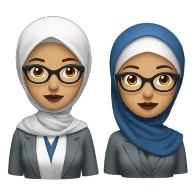 Hijabi white woman with glasses and dark brown eyes wearing a blue suit and red lipstick sticker