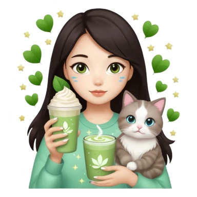 asian girl with shoart dark brown hair with a soft girl glowup aesthetic. matcha latte sparkles girly things, 2 ragdoll cats, skincare, makeup sticker