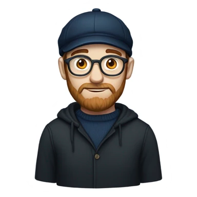 an irish guy with a black newsboy hat in color wearing a navy blue pull over hooded sweater thin frame glasses brown beard and sideburns blue eyes sticker
