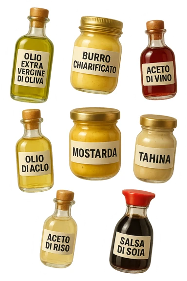 emoji stile iphone 3d di questi elementi che fluttuano in aria sparsi casualmente:

Olio extravergine d’oliva, burro chiarificato
Olio all’aglio (senza pezzetti)
Aceto di vino, aceto di riso, senape, tahin
Salsa di soia fermentata (senza aglio/cipolla)


 che fluttuano sparse casualmente in aria, le etichette dei prodotti scrivile in italiano, iperealistico 4k sticker