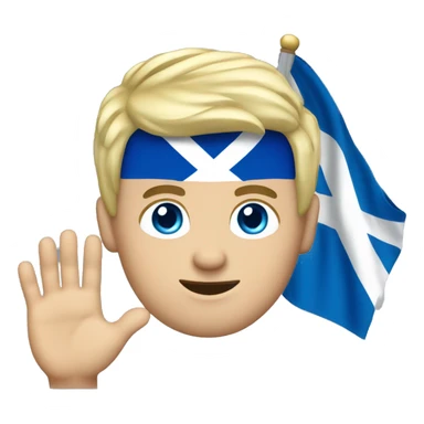 35 year old white Chunky male with blonde hair and blue eyes waving hand with Scotland flag in background sticker