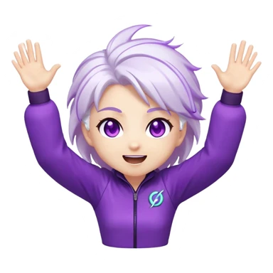 Chibi Sable Ward with excited hype expression, both arms raised high, eyes shining, white hair with purple streaks, fully purple eyes, energy effect around her, extremely excited sticker