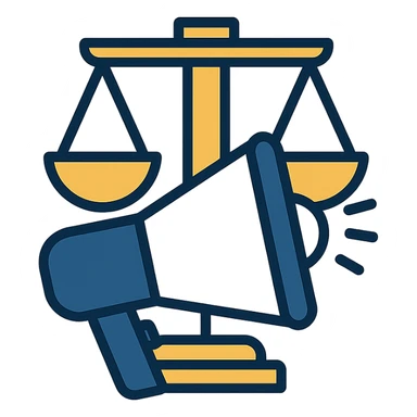 modern minimalist icon for advocacy consulting firm, megaphone in front of balanced scales of justice, navy blue white gold, conveys trust authority progress sticker