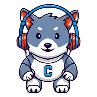 robotic wolf with digital eyes and circuit patterns wearing coach headset with football icon sticker