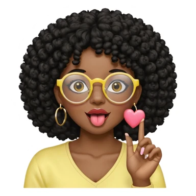 chica con piel morena oscura, cabello rizado afro negro, vestida de amarillo pastel, con candongas y  que use lentes, saque la lengua, y mientras hace un corazón coreano con la mano sticker