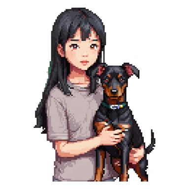 A medium black hair Asian girl holding a Doberman sticker