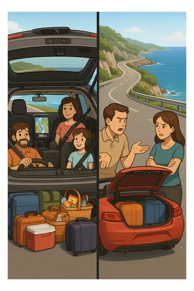 "Spacious family SUV loaded with luggage, snacks, entertainment for kids, GPS showing clear 300km route planned with rest stops, happy family ready for road trip; contrasted with impractical two-seater convertible with no storage space, couple arguing about what to leave behind, suitcases barely fitting, comfort vs style dilemma, Italian coastal highway background" sticker