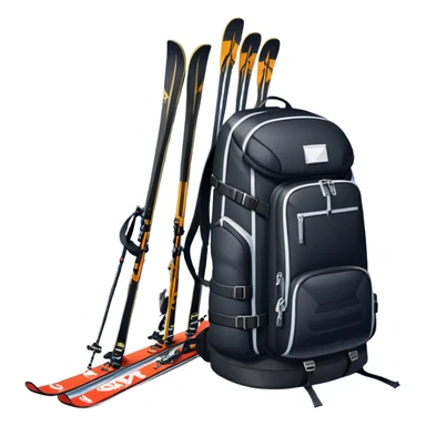 An icon showing a close-up of a biathlon backpack, a pair of skis, and a biathlon rifle resting against snow. In the background, a beautiful winter landscape with snowy trees and mountains under a clear sky. Transparent background reflects the sport’s precision and rugged endurance. sticker