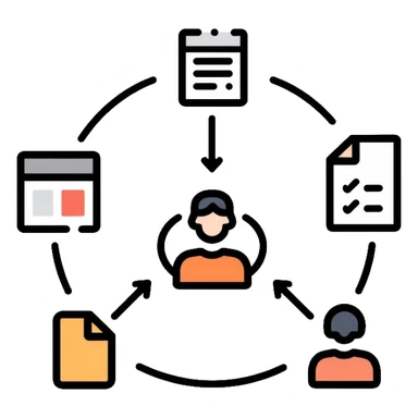 Management system with feedback loops, circular arrows connecting documents and people, business process with data flowing back sticker