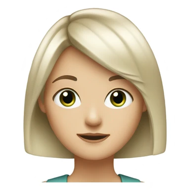 A very white girl has short hair and it’s black. Also she has bangs, she has green eyes sticker