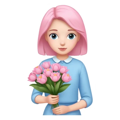 girl wearing pastel blue clothes holding a bouquet of pink flowers sticker