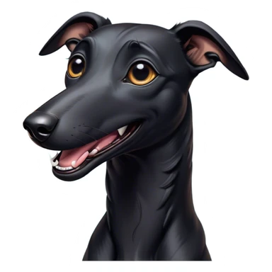 Cinematic Comical Black Greyhound Portrait Emoji, Head tilted dramatically with an exaggeratedly amused expression, featuring a glossy jet-black Fur and wide, expressive dark eyes filled with playful disbelief, Simplified yet hilariously expressive features, highly detailed, glowing with a slightly sassy glow, high shine, dramatic yet playful, stylized with an air of cheeky mischief, bright and endearing, soft glowing outline, capturing the essence of a spirited and over-the-top racer, so meme-worthy it feels like it could side-eye its way into internet fame instantly! sticker