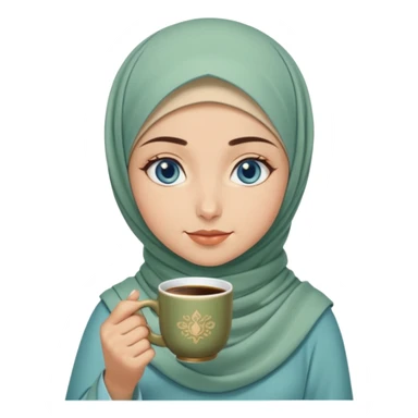 Turkish beautiful finish Konya girl blue eyes with beige and light green hijab islamic dress and had on her hand Turkish coffee sticker