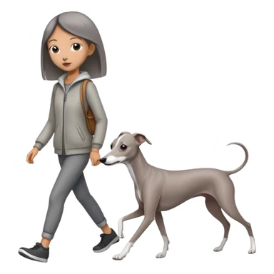 Asian girl walking an all grey Italian greyhound with no white nose, completely grey dog sticker