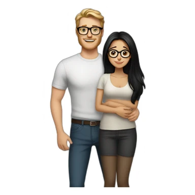 Tall white man with no glasses brown hair hugging small latina long black hair square glasses sticker