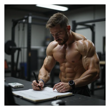 Coach di bodybuilding in ufficio mentre prepara un protocollo semplice di sostanze chimiche per un atleta, con fogli, fiale e siringhe sulla scrivania, atmosfera realistica, dettagli iperrealistici 4K. sticker