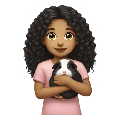 Little light skin girl with black curly hair holding a Guinea pig sticker