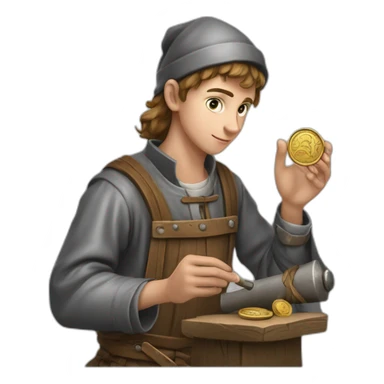 young coin engraver apprentice yielding tool, medieval age sticker