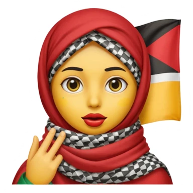 yellow emoji face with big eyes finger on lips in shh gesture Palestinian keffiyeh draped over head with small Palestinian flag detail on scarf sticker