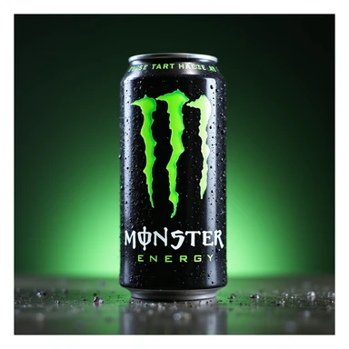 photorealistic studio lighting of cold monster energy drink can with water droplets and neon green branding, on a gradient background sticker