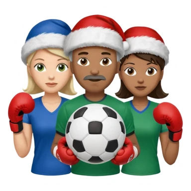 crie a imagem de 3 atletas, um homem no meio e duas mulheres, de modalidades esportivas diferentes, usando elementos esportivos, como por exemplo bola de futebol, luvas de luta e bola de vôlei... e usando um chápeu de papai noel das cores verde e azul. sticker