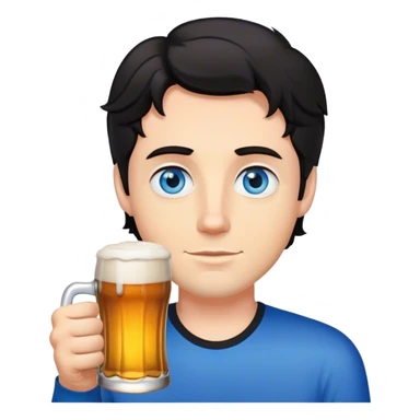 white guy blue eyes with short wavy black hair holding beer sticker