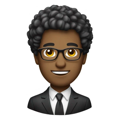 Create an emoji representation of a confident man with short curly hair, wearing glasses and a formal dark suit with a white shirt. The expression should be neutral yet professional, reflecting a determined and focused personality. sticker