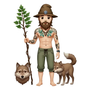 full body man long brown hair brown eyes medium beard white skin shirtless with vine tattoos and wolf hat sticker