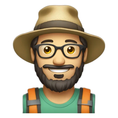 happy smile gardener face long dark beard and very short dark hair with little transparent glasses and a hat sticker
