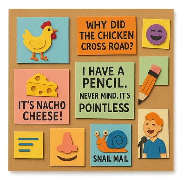 paper craft style wall of jokes, a detailed paper craft style scene of a wall covered with various humorous illustrations and jokes sticker