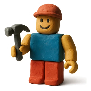 roblox character, blocky avatar, holding a tool, friendly smile, claymation style sticker