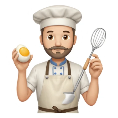 Middle aged male pastry chef - with a small beard, apron, white hat, holding an egg beater in his right hand, and his left hand naturally hanging down to his side sticker