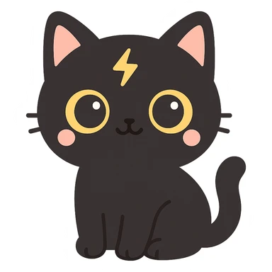 cute black cat with big yellow eyes, thunder scar on forehead like Harry Potter sticker