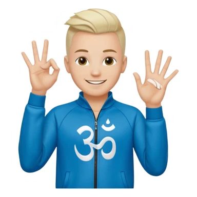 rapeur jul en emoji ios, blanc, rasé sur les cotés, cheveux au centre dressés au gel, signe J avec les mains, survet de l'om sticker